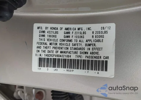 2013 Honda Accord Ex-L z USA, uszkodzony, nr VIN 1HGCR2F89DA021894